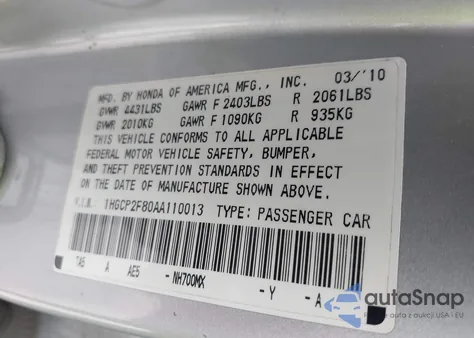 2010 Honda Accord 2.4 Ex-L из США, поврежденный, VIN 1HGCP2F80AA110013